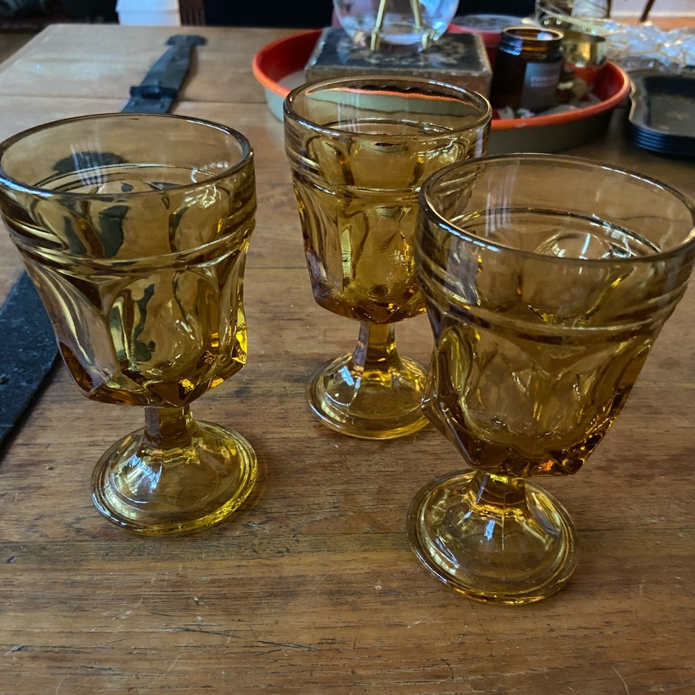 3 Vintage Anchor Hocking Amber Wine Glasses